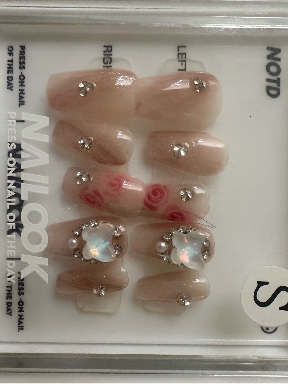 Press-On Nude Pink Rose Nails with Crystal Accents